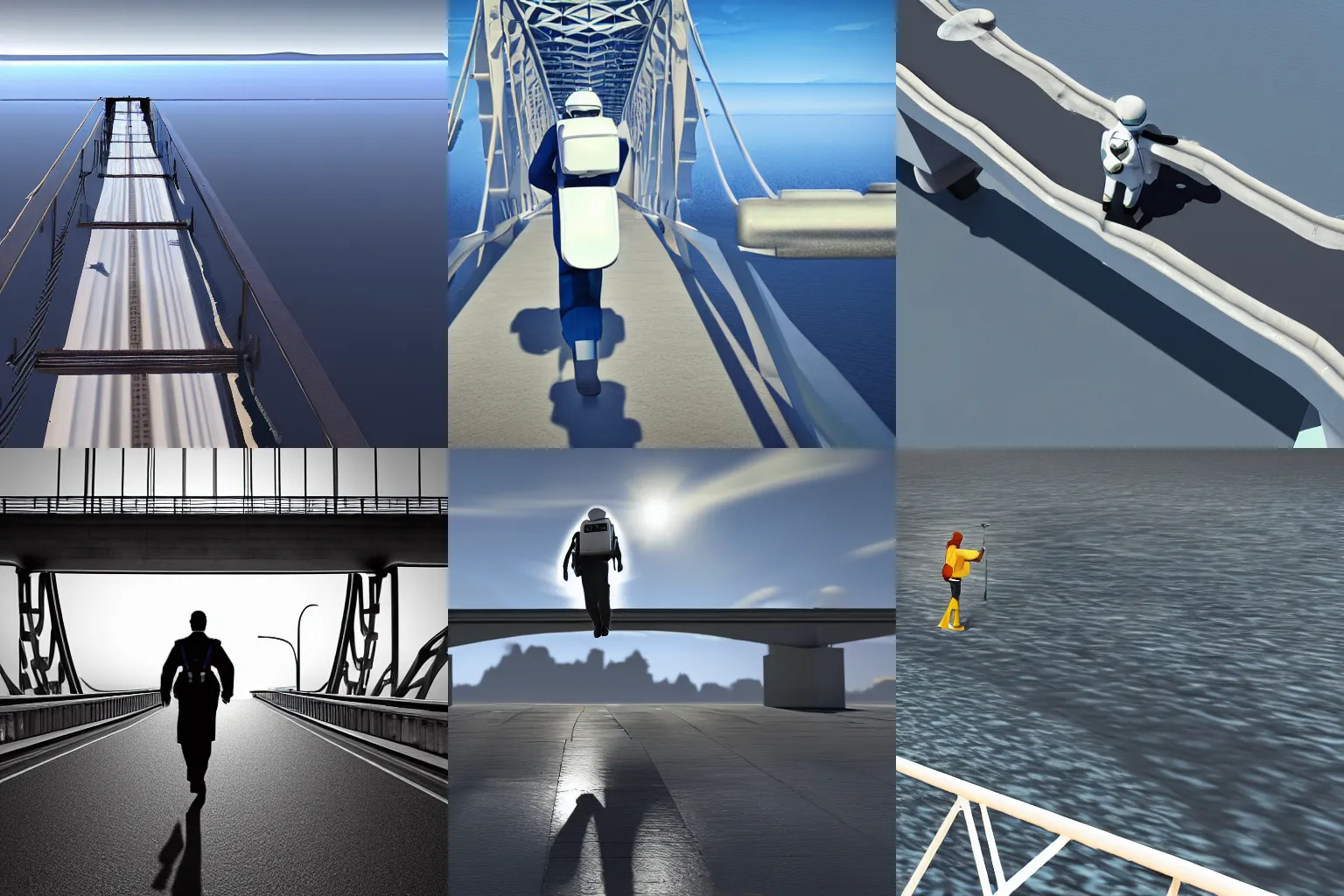 Prompt: a milkman with a jetpack inspecting an endless bridge, photo realistic, realistic lighting, realistic shadows, ocean, bridge