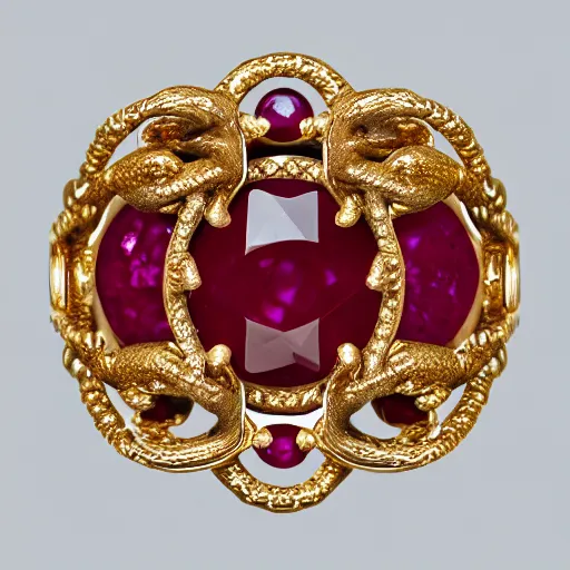 Prompt: ornate gold ouroboros ruby jewelry macro product photo