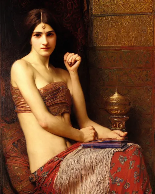 Image similar to time traveller orientalist intricate portrait by john william waterhouse and edwin longsden long and theodore ralli and nasreddine dinet, oil on canvas. cinematic, hyper realism, dramatic lighting, high detail 8 k