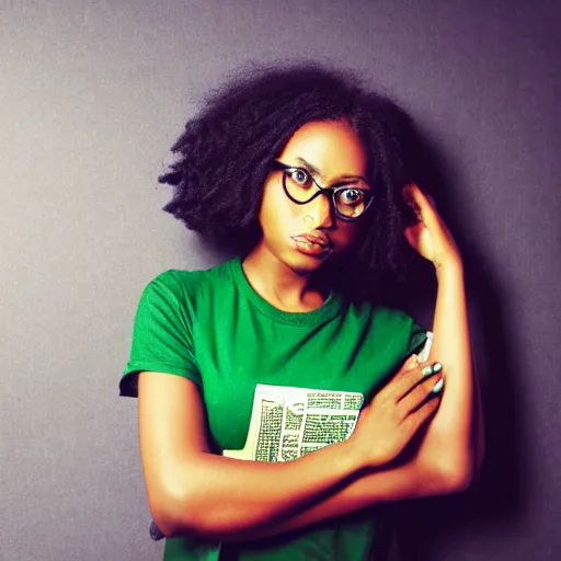 Prompt: portrait of black woman wearing a green t shirt studio ghibli, deviantart, medium shot, symmetrical, intricate, elegant, matte painting, illustration, newspaper