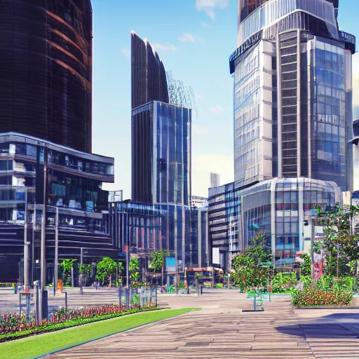 Prompt: tokyo and london city 2055 outdoor plaza photograph, unreal engine 4k concept art render octane