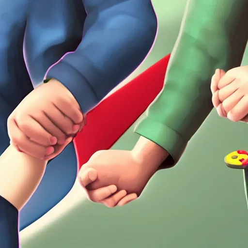 Image similar to digital art, nintendo and playstation holding hands