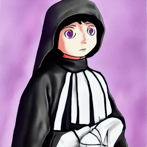 Prompt: little boy wearing nun outfit. purple and black color palate, detailed soft painting, made in abyss art style, inspired in hirohiko araki, anatomically correct