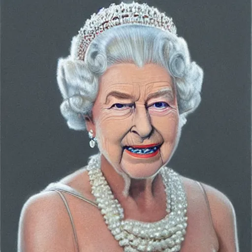 Image similar to ultra - realistic head and shoulders portrait painting of the queen. art by ken kelly. 4 k. ultra - realistic. highly detailed. epic lighting