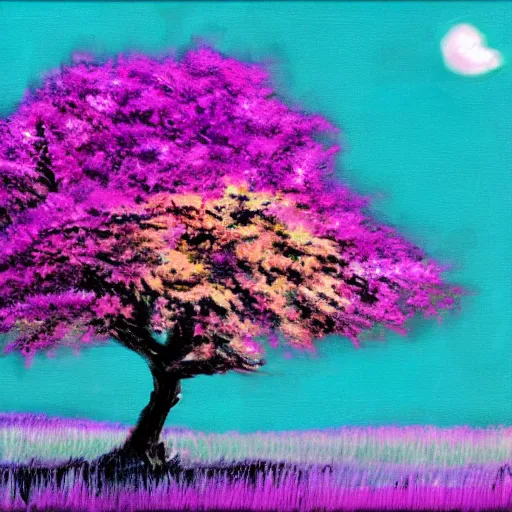 Prompt: a pink and purple tree in the style of Bob Ross