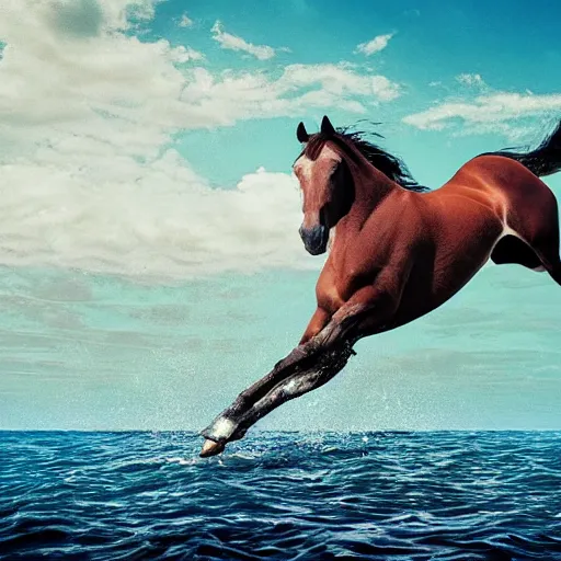 Image similar to horse swimming in the ocean with fork and knife, photorealistic, high detail