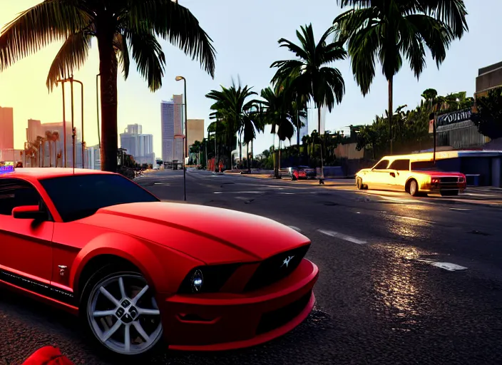 Image similar to still next - gen ps 5 game grand theft auto 6 2 0 2 4 remaster, graphics mods, rain, red sunset, people, rtx reflections, gta vi, miami, palms and miami buildings, photorealistic screenshot, unreal engine, 4 k, 5 0 mm bokeh, close - up ford mustang, gta vice city remastered, artstation