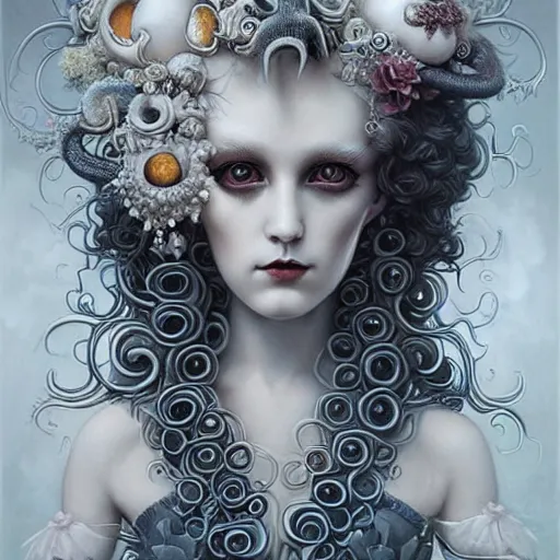 Image similar to By Tom Bagshaw, ultra realist soft painting of a curiosities carnival spikes flowers and tentacles by night, beautiful dark eyed evil porcelain doll in full long dress, symmetry accurate features, very intricate details, omnious sky, black and white, volumetric light clouds