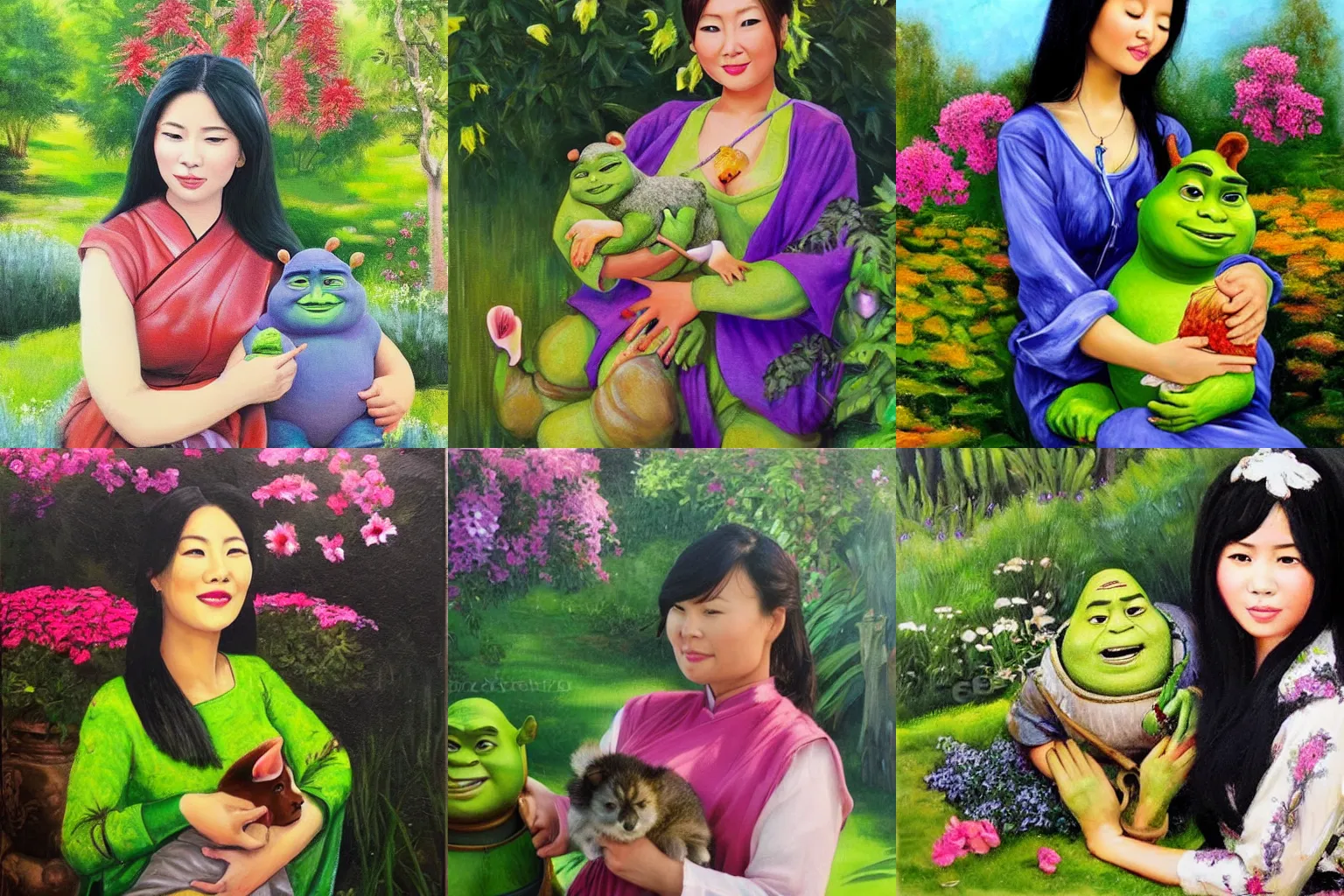 Prompt: beautiful asian woman in her garden with her pet Shrek, detailed oil painting