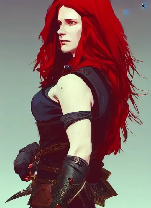 Image similar to concept art of a beautiful red haired female warlock. witcher 3 character design by laurie greasley and sherree valentine daines concept art, matte, sharp focus, illustration, hearthstone, art by artgerm and greg rutkowski and alphonse mucha