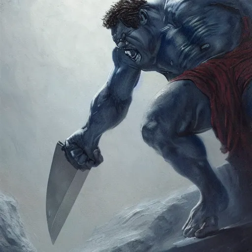 Image similar to artstation concept a midnight blue hulk jolding a meat cleaver, dusty, hyperdetailed, artstation trending, world renowned artists, worth 1 0 0 0. com, historic artworks society, antique renewel, cgsociety, by greg rutkowski, by gustave dore, deviantart