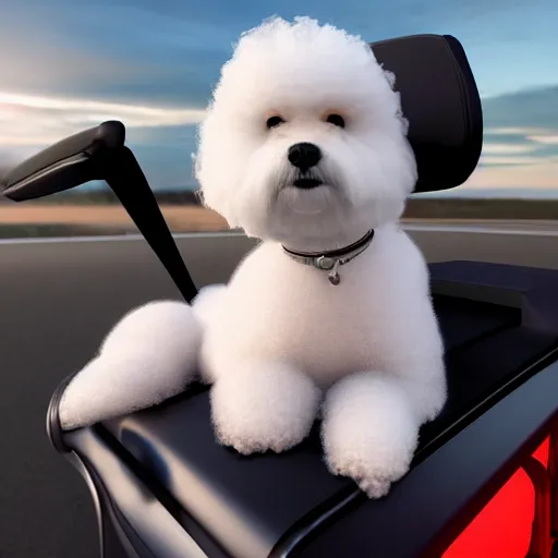 Prompt: a photorealistic image of bichon frise riding in the back on an uber in Hollywood at dusk. This 4K HD image is Trending on Artstation, featured on Behance, well-rendered, extra crisp, features intricate detail and the style of Unreal Engine.