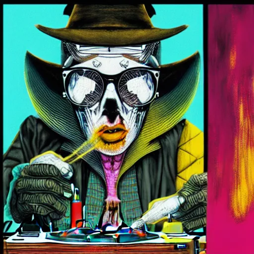 Image similar to graphic illustration, creative design, a witch on the dj decks, biopunk, francis bacon, highly detailed, hunter s thompson, concept art