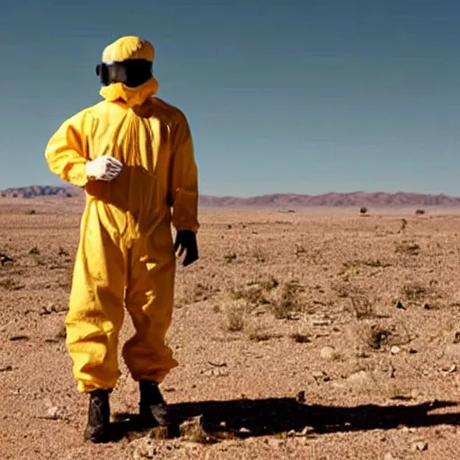 Image similar to a man wearing a hazmat suit and goggles, in the desert, film still, directed by vince gilligan