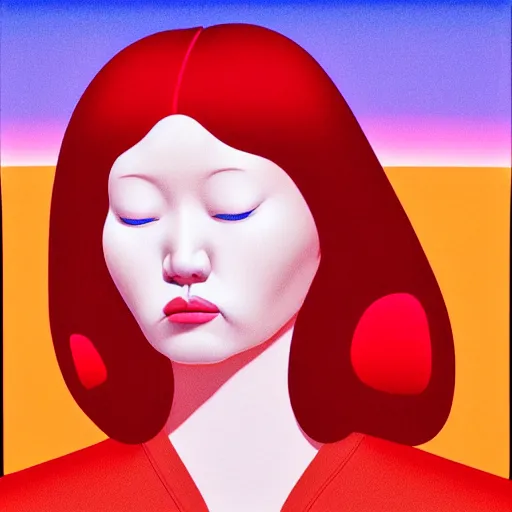 Image similar to redhead woman by shusei nagaoka, kaws, david rudnick, airbrush on canvas, pastell colours, cell shaded, 8 k