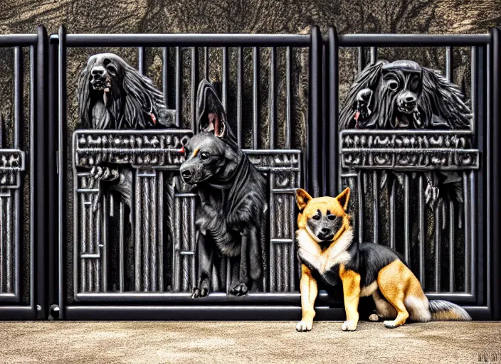 Prompt: photo of a real life photorealistic three - headed kerberos dog guarding the gates to the underworld. fantasy horror style. highly detailed 8 k. intricate. lifelike. soft light. nikon d 8 5 0 5 5 mm. dof. cinematic post - processing.