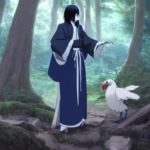 Image similar to concept art painting of an anthropomorphic anime style humanoid white raven wearing dark blue robes, in the deep forest, realistic, detailed, cel shaded, in the style of makoto shinkai and greg rutkowski and james gurney