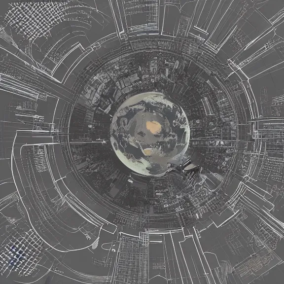 Prompt: a matte drawing of a cyberpunk city planet, highly detailed surface, taken from outer space. Circuitboard-like designed planet. Digital art, space art.