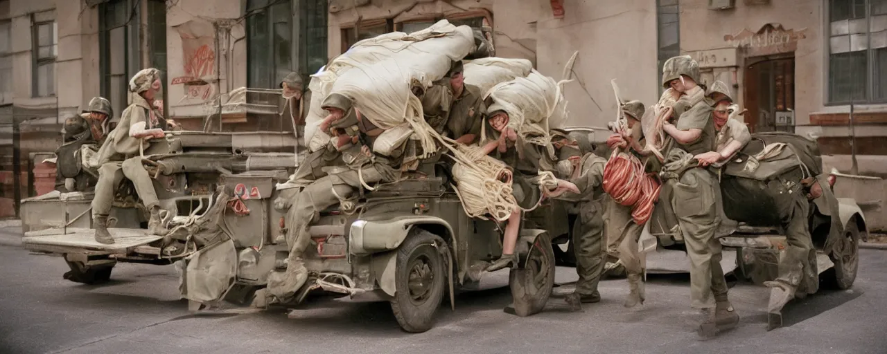 Prompt: transporting spaghetti, world war 2, u. s. army, canon 5 0 mm, kodachrome, in the style of wes anderson, retro