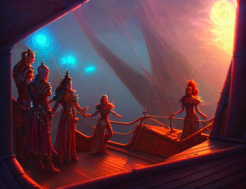Image similar to standing upon the deck of the flying spelljammer ship, d & d planescape fantasy art, artstation contest winner, beautiful digital painting in the style of dan mumford, art by kev chan, volumetric lighting, concept art, speedpainting, fantasypunk, deep colors, cgsociety, by gerald brom