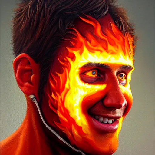 Prompt: a hyper realistic painting of a young fire - man, all face covered with a fire, fire all around him, coherent symmetrical eyes, cunning smile, by jeffrey smith, by andrea kowch, by steve henderson, masterpiece, trending on artstation,