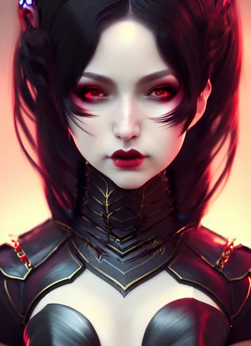 Image similar to full plate armor!!! beautiful and elegant dark hair female vampire!! gorgeous ayes!! character concept art, sharp focus, octane render! unreal engine 5! highly rendered!! trending on artstation!! detailed linework!! illustration by artgerm, wlop, and chie yoshii