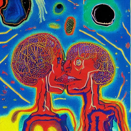 Image similar to beautiful painting of two bizarre psychedelic women kissing each other closeup on an alien planet, speculative evolution, mixed media collage by basquiat and junji ito, magazine collage art, psychedelic illustration