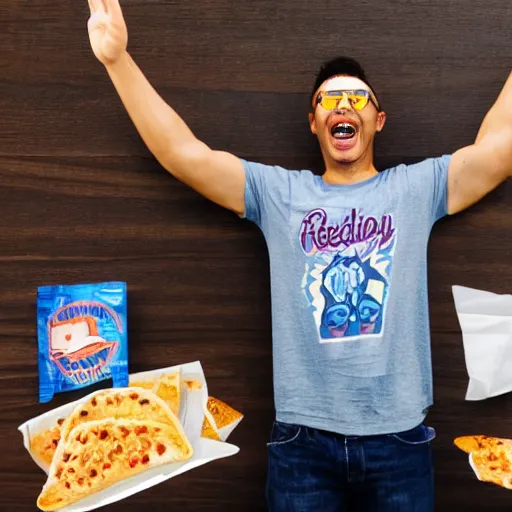 Image similar to A redditor raising his hands in victory, smiling exuberantly, and surrounded by empty Hot Pocket wrappers