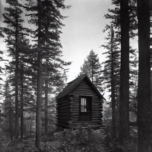 Prompt: a photo of a Eerie cabin in the middle of the woods photographed by Ansel Adams