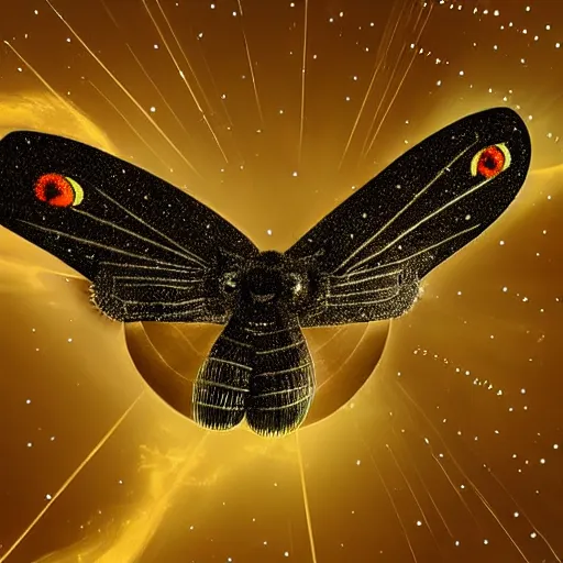 Prompt: Mothra flying in the night sky, magical, astrophotography