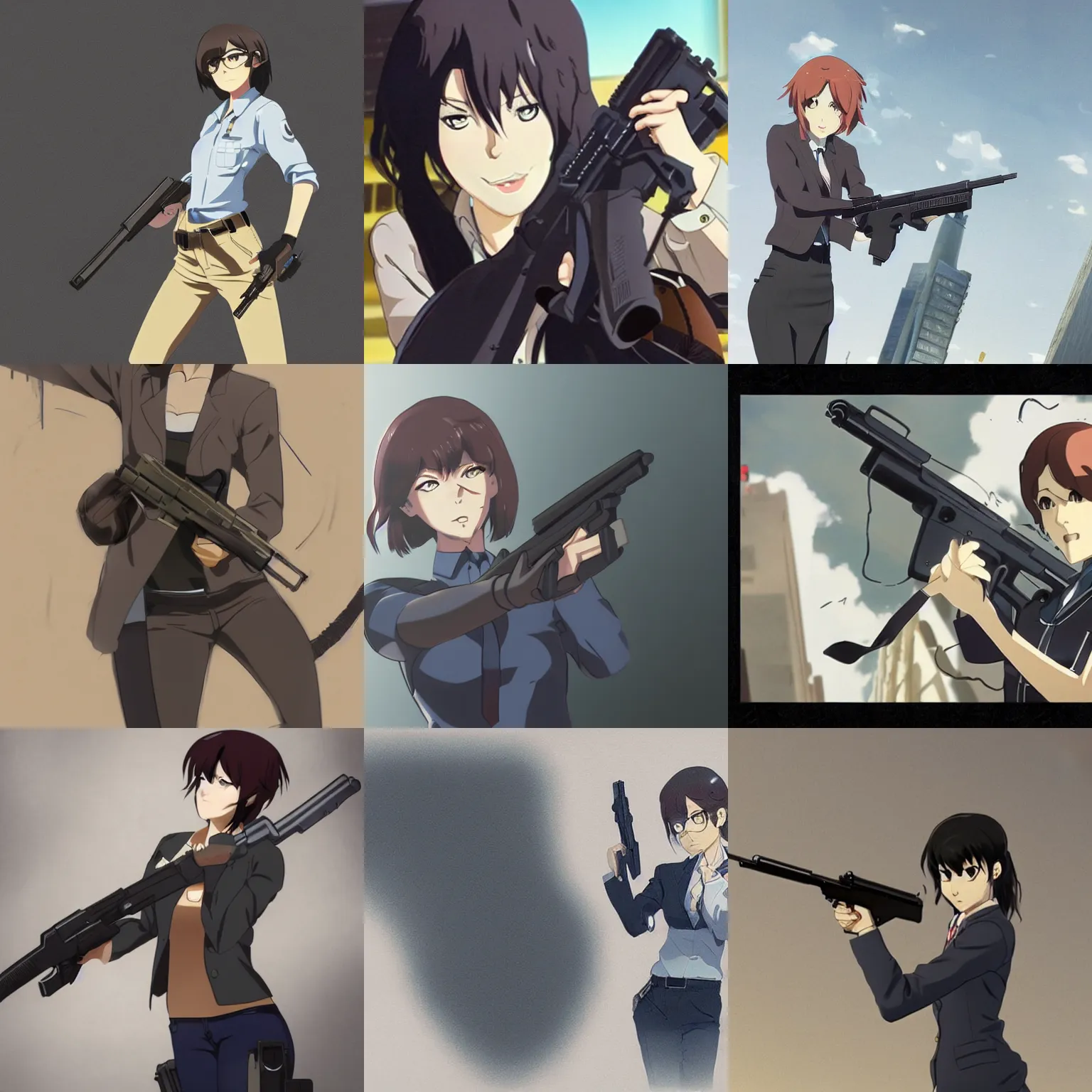 Prompt: female FBI agent with a gun, concept art, from the comedy anime film by makoto shinkai