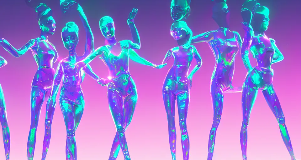 Prompt: silhouettes of dancing holographic girls, futuristic, in the style of Pixar animation, very low angle view, 16mm lens, award winning, hyper detailed, dramatic lighting, artstation, octane renderer, unreal engine