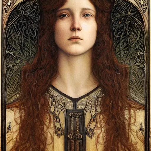 Image similar to detailed realistic beautiful young medieval queen face portrait by jean delville, tony diterlizzi and marco mazzoni, art nouveau, symbolist, visionary, gothic, pre - raphaelite