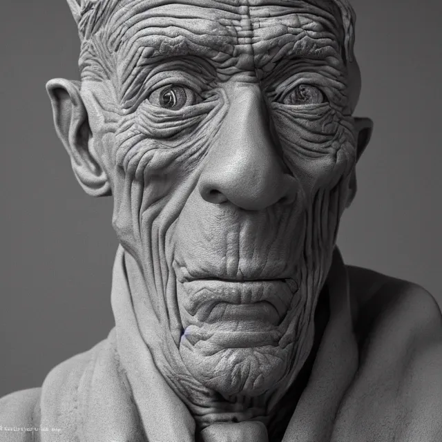 Image similar to photography of a sculpture of Samuel Beckett made of clay by Sebastian Kruger and Michelangelo, 50mm, studio atmosphere, 8K, rim light, octane render, ultra-realistic