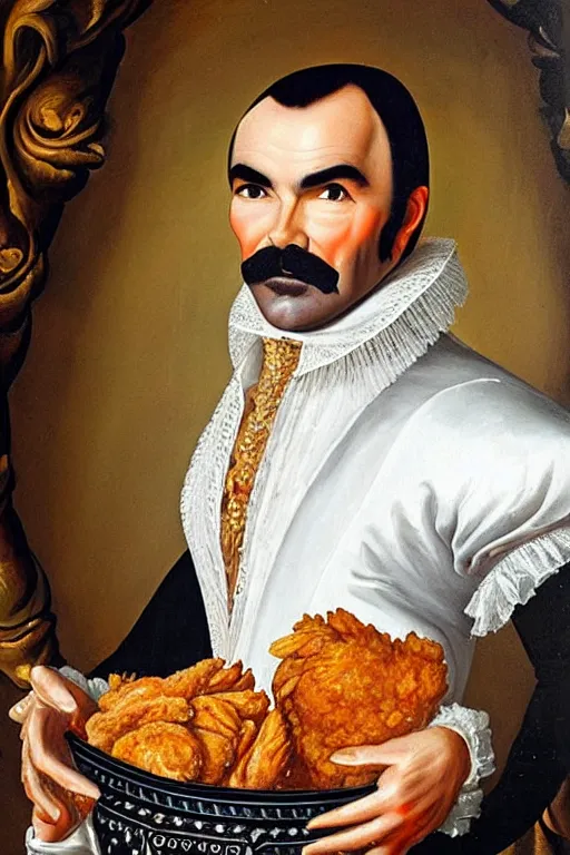 Image similar to a 1 6 0 0 s framed portrait painting of burt reynolds holding a bucket of fried chicken, intricate, elegant, highly detailed