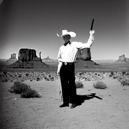 Image similar to a cinematic 5 0 s portrait photography of john wayne smoking a big joint, cowboy, monument valley landscape, flying saucer, farwest,