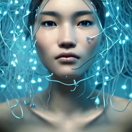 Image similar to intricate highly detailed face portrait of asian - european woman, light blue water vines on her face, intricate, cgsociety, unreal engine, octane render, sharp focus, smooth, volumetric lighting, cinematic composition, artstation