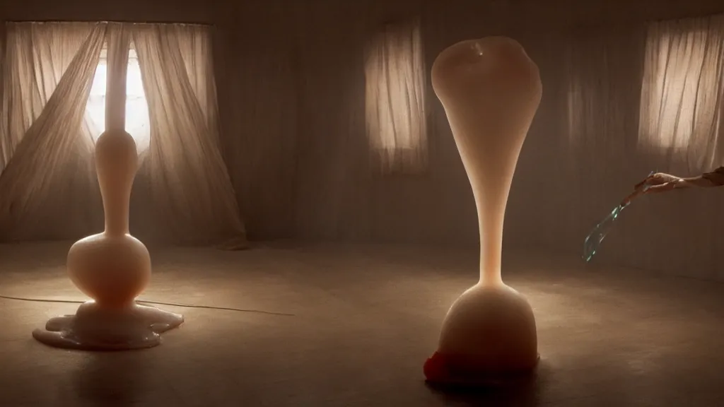 Image similar to a giant hand made of wax and water floats through the living room, film still from the movie directed by Denis Villeneuve with art direction by Salvador Dalí, wide lens