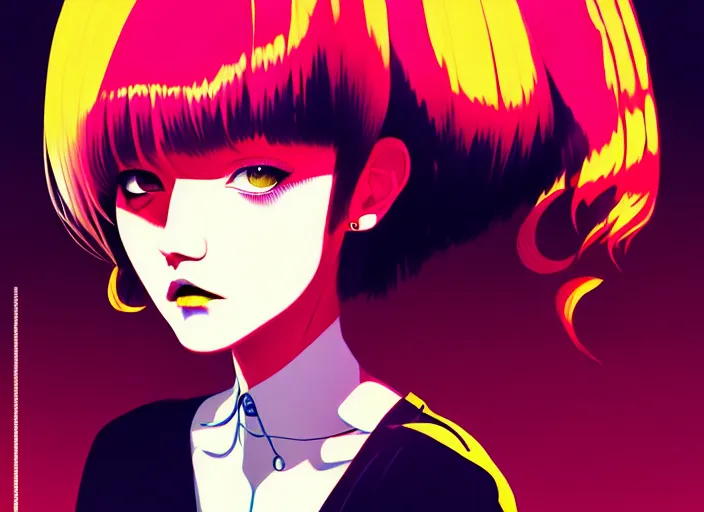 Image similar to editorial illustration by Karolis Strautniekas and Mads Berg, colorful, anime portrait vampire princess miyu, katsuhiro otomo, manga, Ilya kuvshinov,fine texture, manga shading, fine details, matte colors, film noir, dramatic lighting, dynamic composition, moody, vivid, volumetric,Narumi Kakinouchi