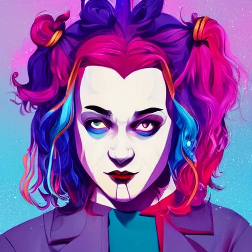 Image similar to julia garner as harley quinn as delirium of the endless, the sandman, rainbow clothes, clean cel shaded vector art. shutterstock. behance hd by lois van baarle, artgerm, helen huang, by makoto shinkai and ilya kuvshinov, rossdraws, illustration