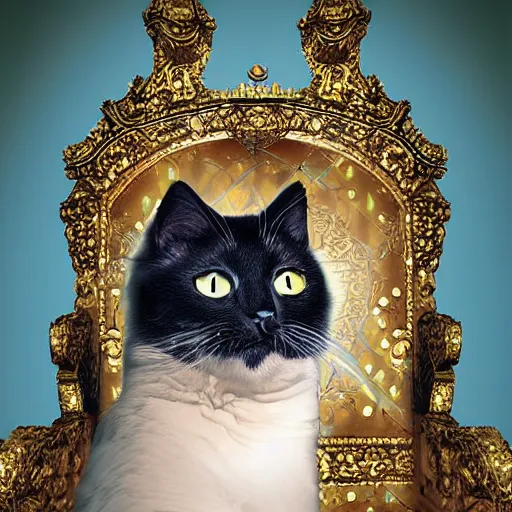 Image similar to cat crowned sitted on throne, castle environment, digital art