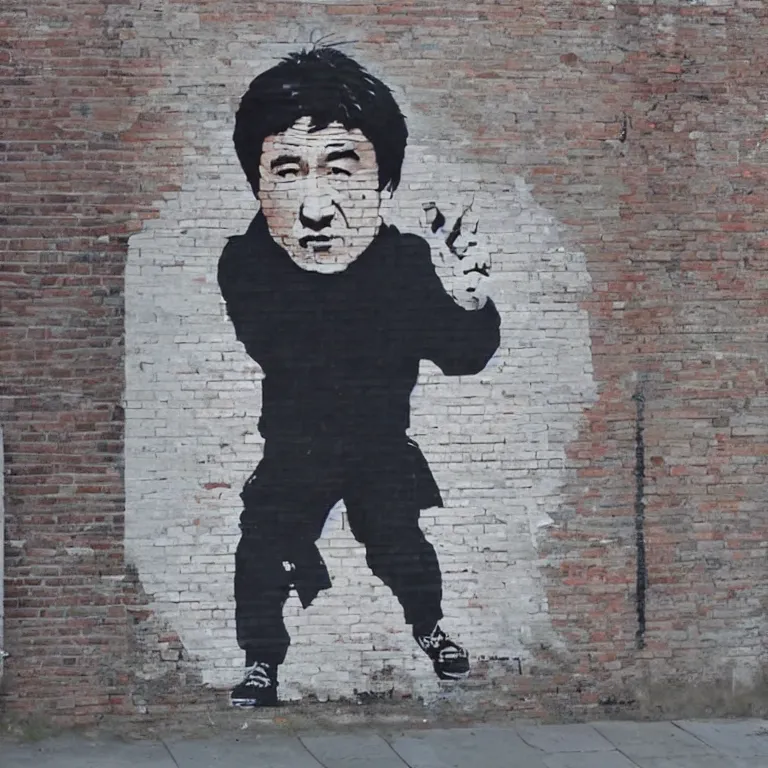 Image similar to Street-art full-body portrait of Jackie Chan in style of Banksy