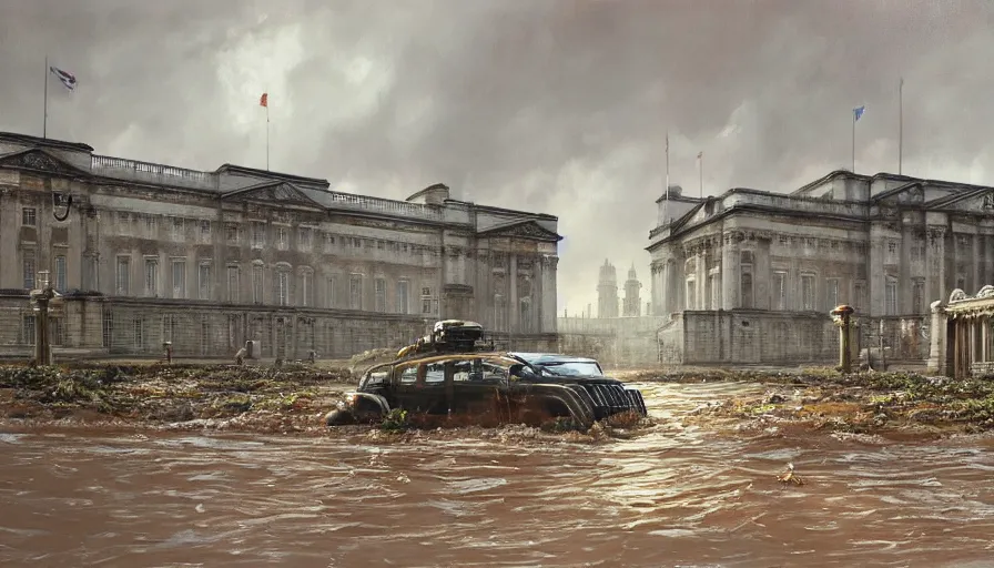 Image similar to A detailed render of a post apocalyptic scene of Buckingham palace in London ruined and devastated by flooding, broken down rusty london buses in flood water, sci-fi concept art, by Syd Mead, highly detailed, oil on canvas