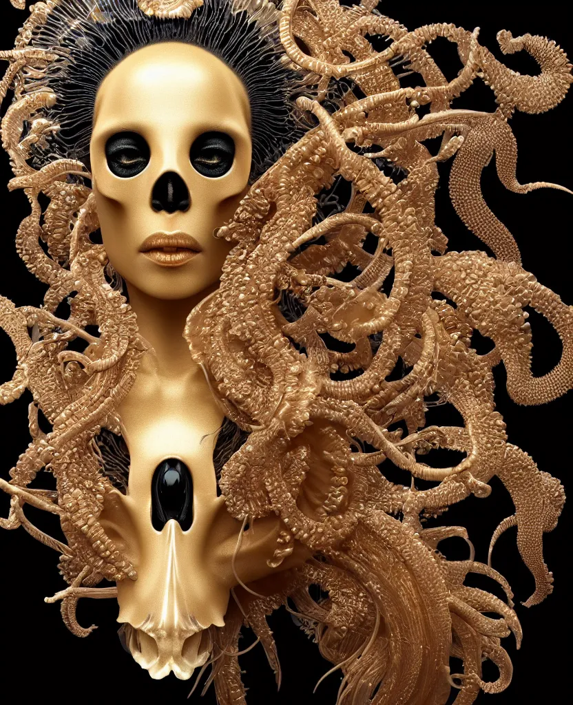 Prompt: black background. goddess princess face close-up portrait ram skull. sculpture made of gold and brilliants. jellyfish phoenix head, nautilus, orchid, skull, betta fish, bioluminiscent creatures, intricate artwork by Tooth Wu and wlop and beeple. octane render, trending on artstation, greg rutkowski very coherent symmetrical artwork. cinematic, hyper realism, high detail, octane render, 8k