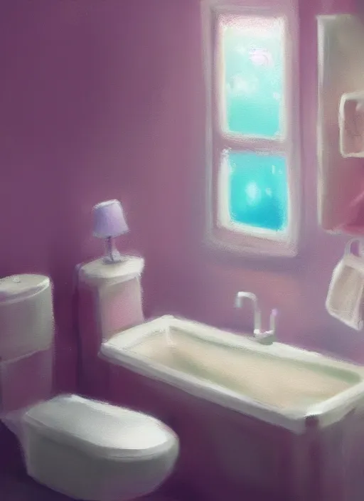 Image similar to placid pastel morning cute cluttered painterly fluffy tiny cramped bathroom trending on pixiv