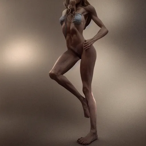 Image similar to full body pose, hyperrealistic photograph of emaciated starving bikini model, dim volumetric lighting, 8 k, octane beautifully detailed render, extremely hyper detailed, intricate, epic composition, cinematic lighting, masterpiece, trending on artstation, very very detailed, stunning, hdr, smooth, sharp focus, high resolution, award, winning photo, dslr, 5 0 mm