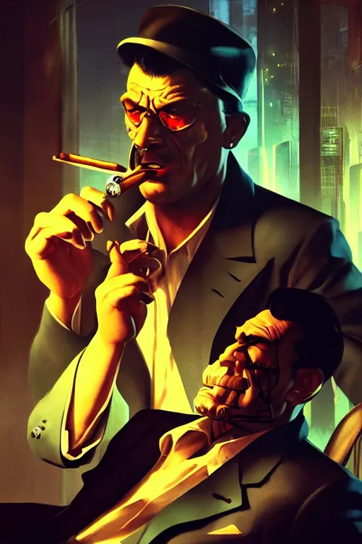 Image similar to A mafia boss lighting a cigar in a cyberpunk setting, by Frank Frazetta, volumetric lighting, high contrast colours, as trending on Artstation, highly detailed,