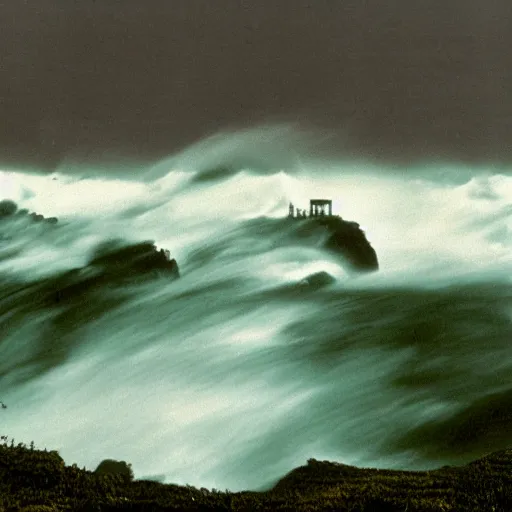 Image similar to moody 1 9 7 0's artistic technicolor spaghetti western film, a large huge group of women in a giant billowing wide long flowing waving green dresses, standing inside a green mossy irish rocky scenic coastline, crashing waves and sea foam, volumetric lighting, backlit, moody, atmospheric, fog, extremely windy, soft focus