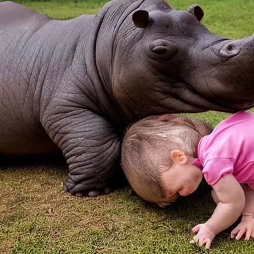 Image similar to baby human successfully resuscitates an old hippo