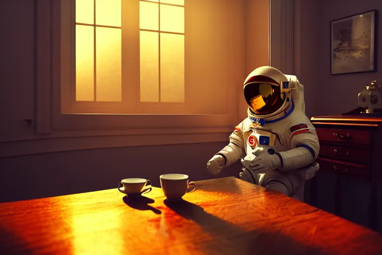 Prompt: a single cosmonaut in a spacesuit drinks a steaming cup of tea at an old wooden desk in a richly decorated Victorian house. the autumn light comes in through a window and dimly illuminates the room, diffuse light, octane render,